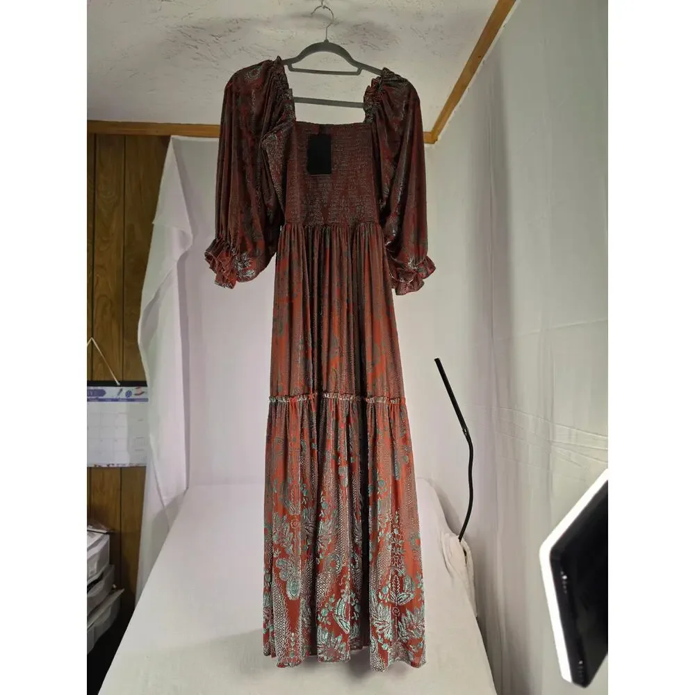 Fate NWT Rust Teal Velvet Burnout Maxi Dress Sz M